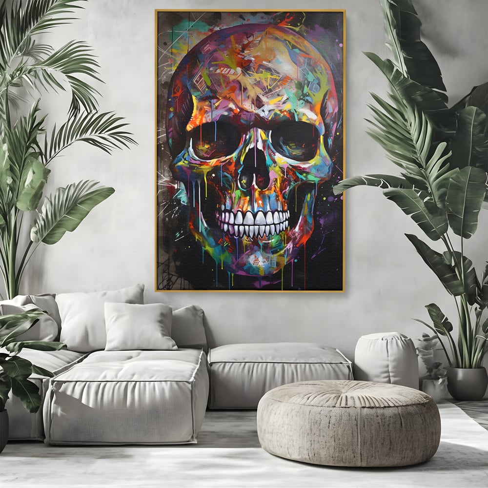 Tablou canvas cu tablou canvas cu craniu multicolor, in rama de aluminiu auriu, pe perete intr-un living